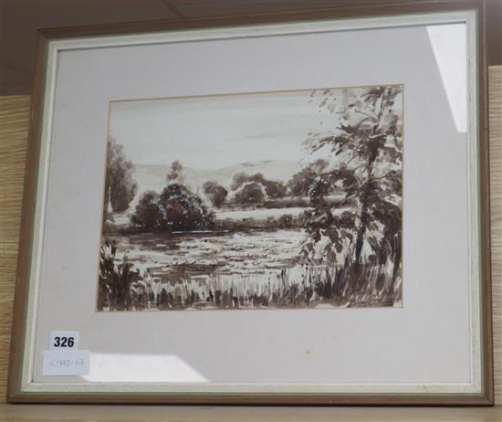 English School, watercolour, Lakeside, Glyndebourne, indistinctly signed, 23 x 32cm